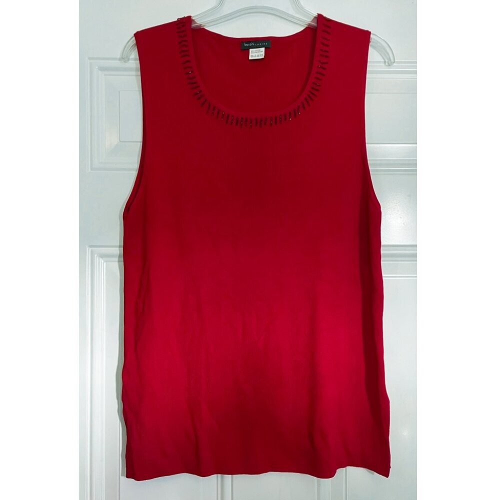 Bossini Red Knit Sleeveless Beaded Neck Top